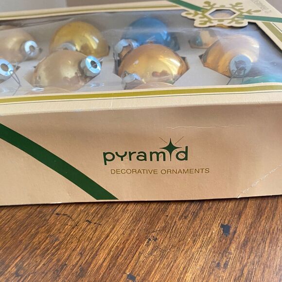 Vintage Pyramid Glass Ornaments Set of 12 Gold Yellow Blue Green Shiny with Box - Picture 7 of 10